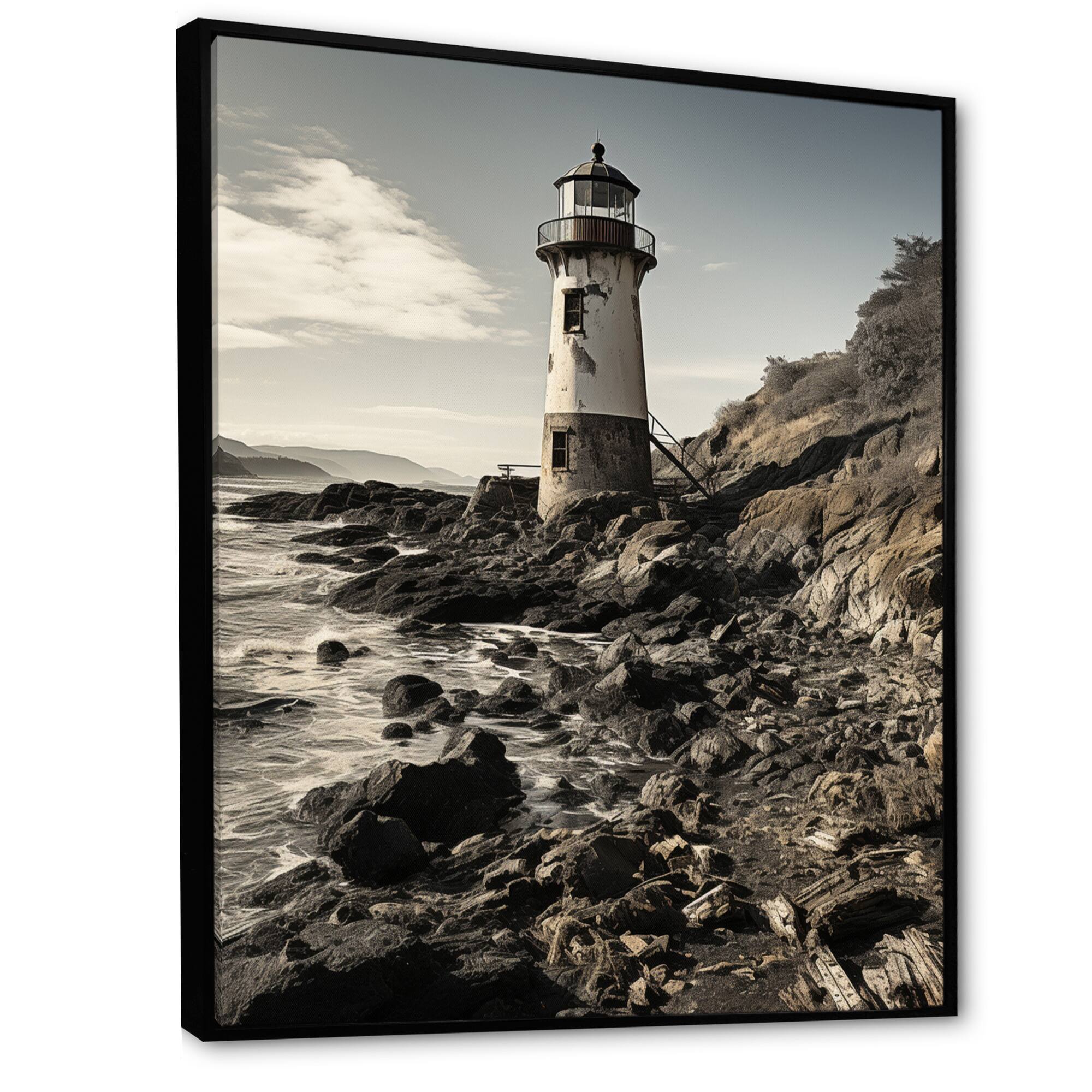 Designart "Monochrome Lighthouses By The Cliff Photo" Lighthouses Framed Wall Art Prints Bed